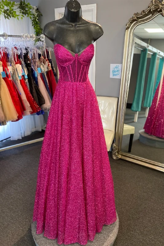 Deal of the Week chic wrap dressFuchsia A-line Strapless Sequins Long Prom Dress