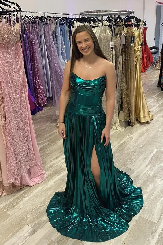 sophisticated dressRuched Strapless Green Metallic A-line Long Formal Dress