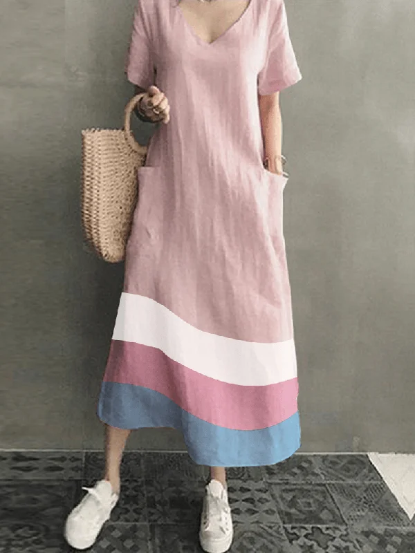 layered dressWomen Cotton Contrast Color Stripe Print V-Neck Side Pocket Maxi Dress