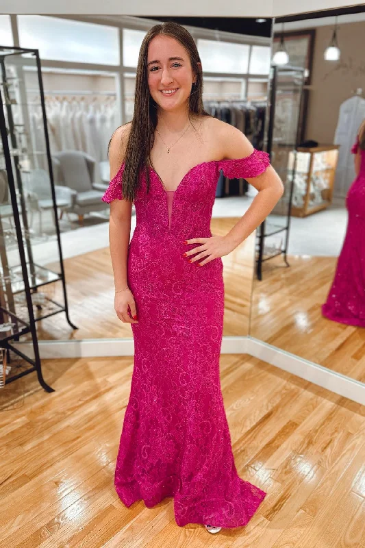 spaghetti strap dressFuchsia Plunging Off-Shoulder Mermaid Lace Long Prom Dress