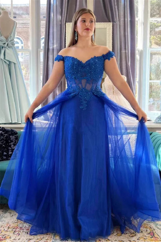 Special Discount elegant evening dressRoyal Blue Off-Shoulder Beaded Appliques Tulle Long Prom Dress Special Discount elegant evening dressRoyal Blue Off-Shoulder Beaded Appliques Tulle Long Prom Dress