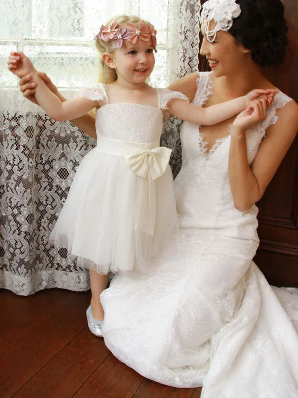 floral wrap dressCute A-Line Cap Sleeves Ivory Flower Girl Dress with Ribbon