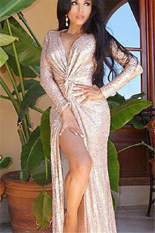 Deal of the Week Long Sleeves Champagne Prom Dresses |Deep V-neck Sequins Chic Slit Evening Dress Deal of the Week Long Sleeves Champagne Prom Dresses |Deep V-neck Sequins Chic Slit Evening Dress