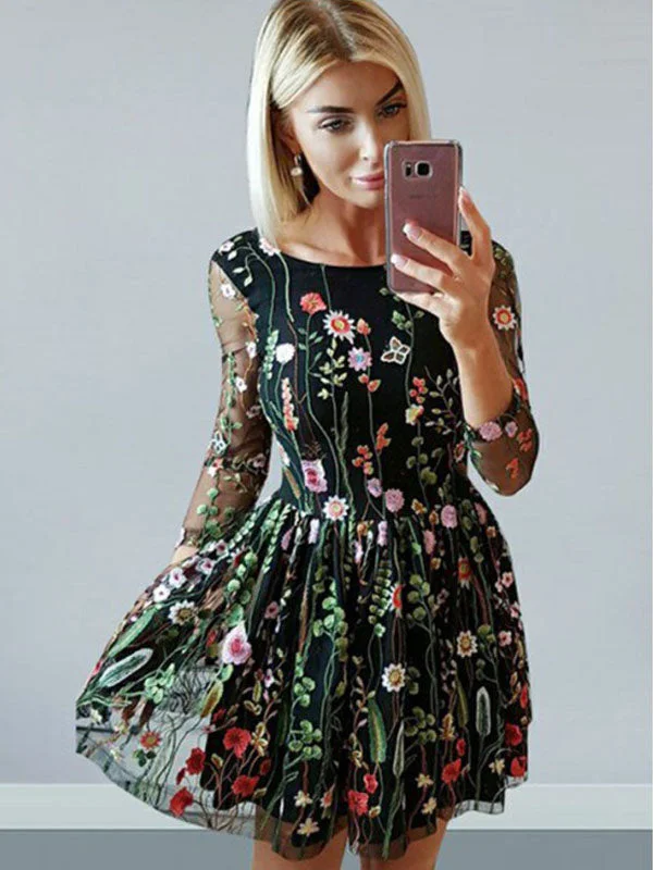 Buy More, Save More Illusion Long Sleeve Embroidery Floral Bateau A-Line Cute Homecoming Dress AN12306 Buy More, Save More Illusion Long Sleeve Embroidery Floral Bateau A-Line Cute Homecoming Dress AN12306