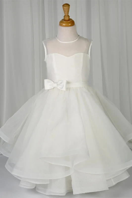 off-the-shoulder dressWhite Illusion Neck Multi-Layers Buttons Long Flower Girl Dress with Bow