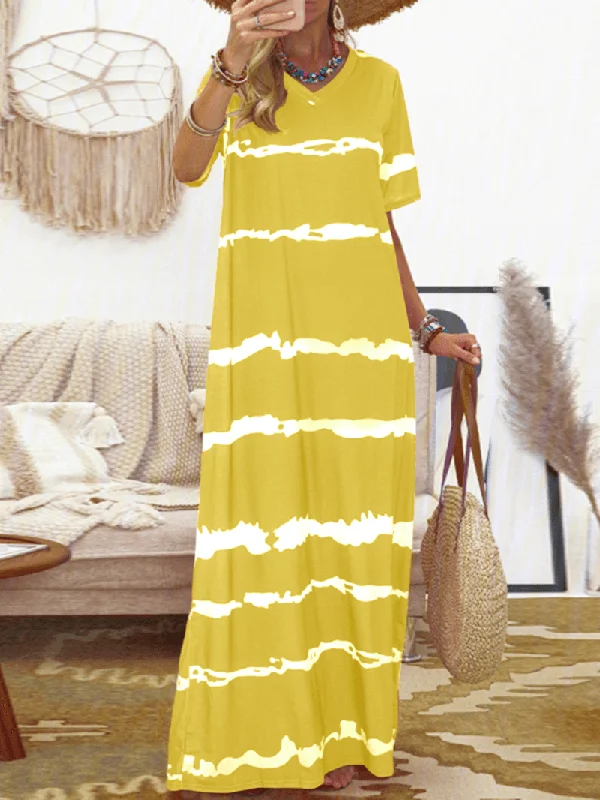 lace dressBohemian Stripe Printed Clash Color Splicing Design V-Neck Dress