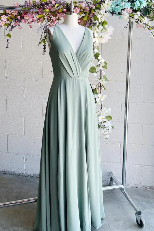 sleek dressLight Green A-line V Neck Pleated Sleeveless Chiffon Long Bridesmaid Dress