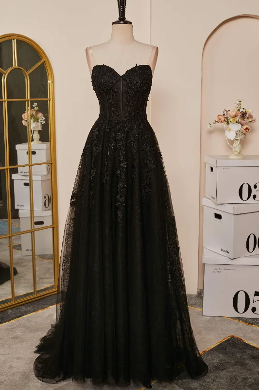 Limited Edition vintage-inspired dressBlack Strapless A-line Appliques Tulle Long Prom Dress Limited Edition vintage-inspired dressBlack Strapless A-line Appliques Tulle Long Prom Dress