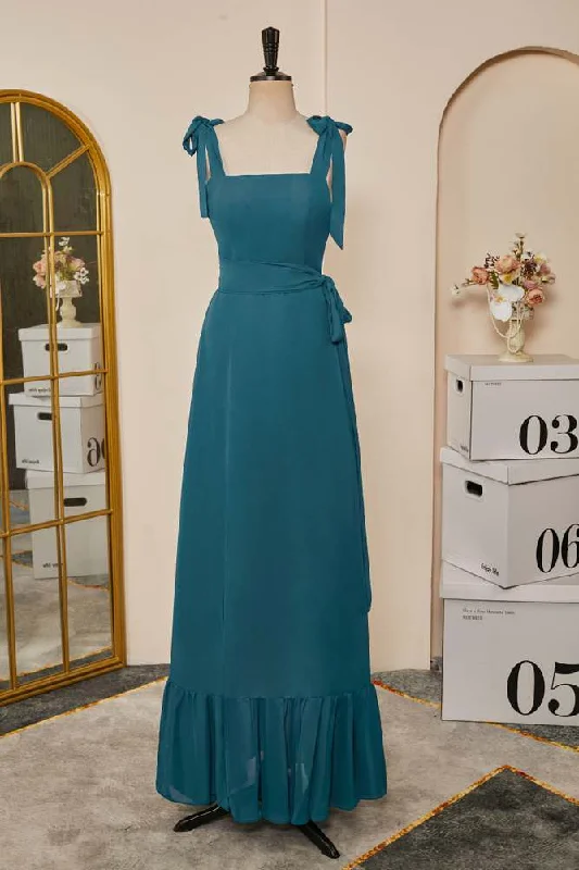 casual knit dressTeal Bow Tie Straps A-line Chiffon Long Bridesmaid Dress with Sash