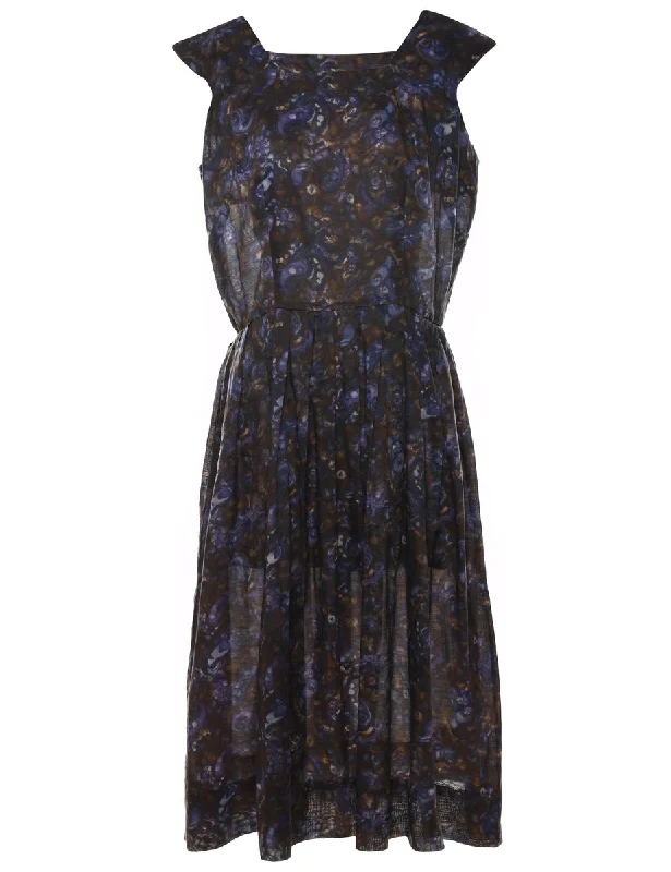 fashion-forward coatFloral Print Navy & Brown Pleated Vintage Dress - M