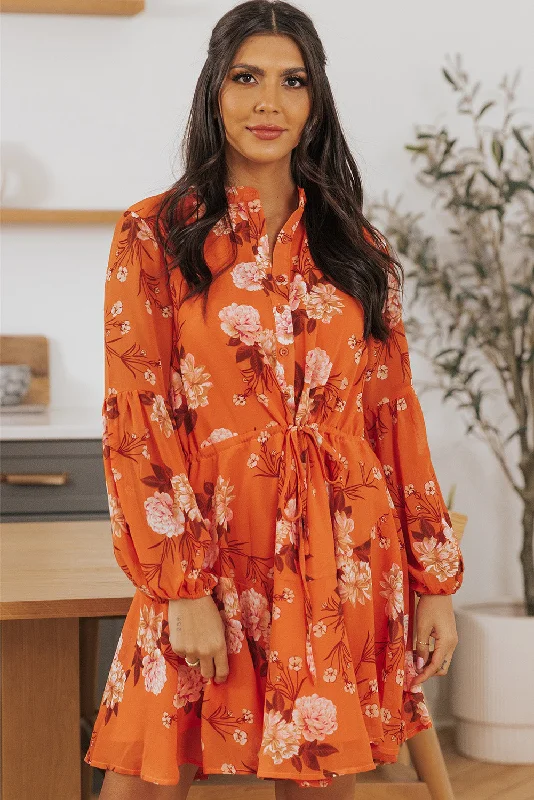 Blowout Deals Orange Vintage Floral Print Drawstring Flowy Dress