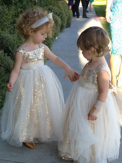 chic slip dressCute Ball Gown Sparkly Gold and Ivory Flower Girl Dress