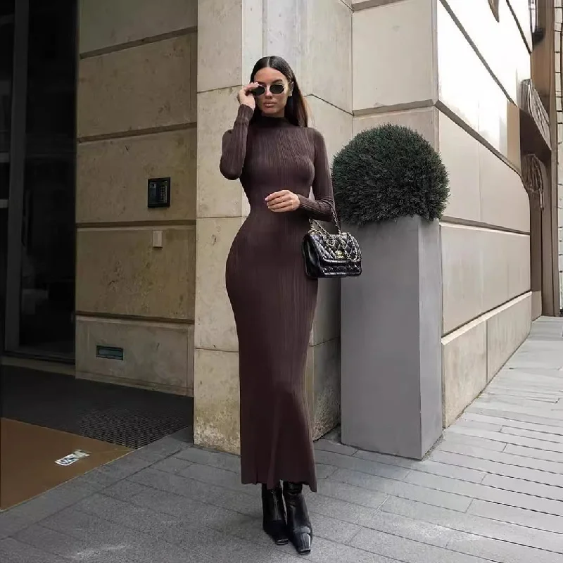 statement dressKnitted Turtleneck Tight European, American And French Style Elegant Bottoming Striped Dress Sweater