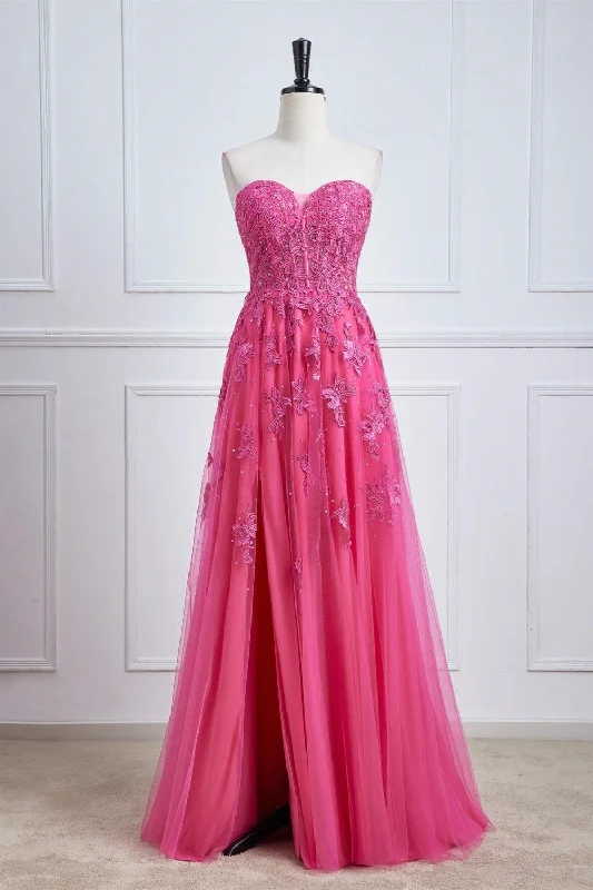 lace dressHot Pink Strapless Appliques A-line Long Prom Dress with Slit