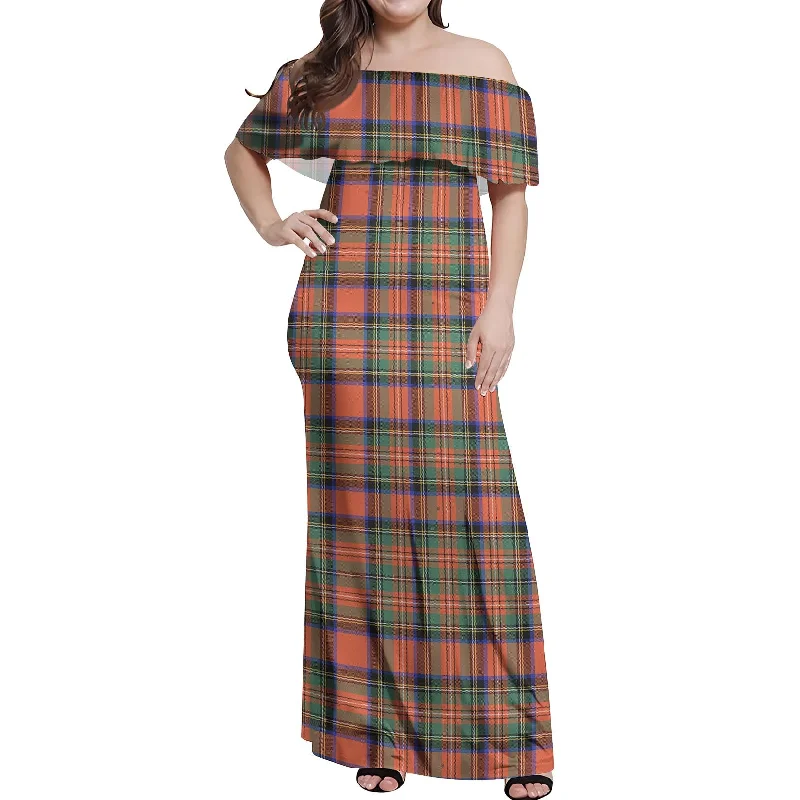Price Fest Stewart Royal Ancient Tartan Off Shoulder Long Dress