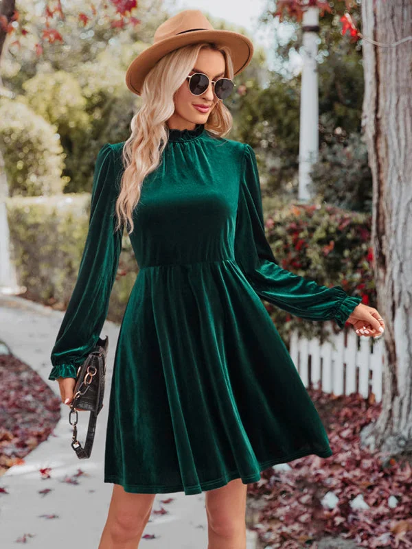 romantic dressTurtleneck velvet solid color waist dress