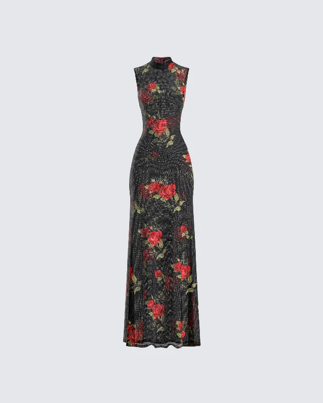 fitted cocktail dressTata Rose Print Mesh Maxi Dress