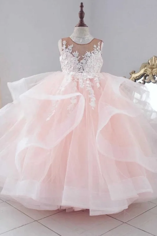 chic shift dressMulti-Tiered Pink Appliques Long Flower Girl Dress