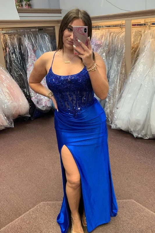 lace-up dressRoyal Blue Lace-Up Floral Mermaid Satin Long Prom Dress with Slit