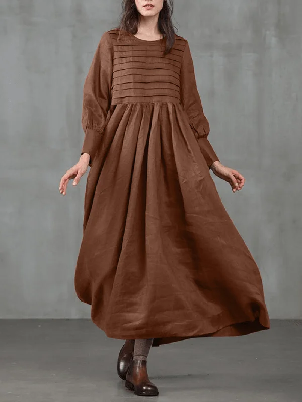 trendy mini dressVintage Puff Sleeve O-Neck Solid Color Side Pocket Pleated Maxi Dress for Women