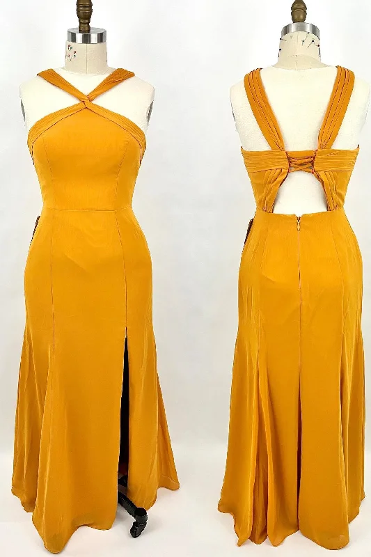 New Arrival casual midi dressCross Straps Mustard Yellow Chiffon Long Bridesmaid Dress with Slit New Arrival casual midi dressCross Straps Mustard Yellow Chiffon Long Bridesmaid Dress with Slit