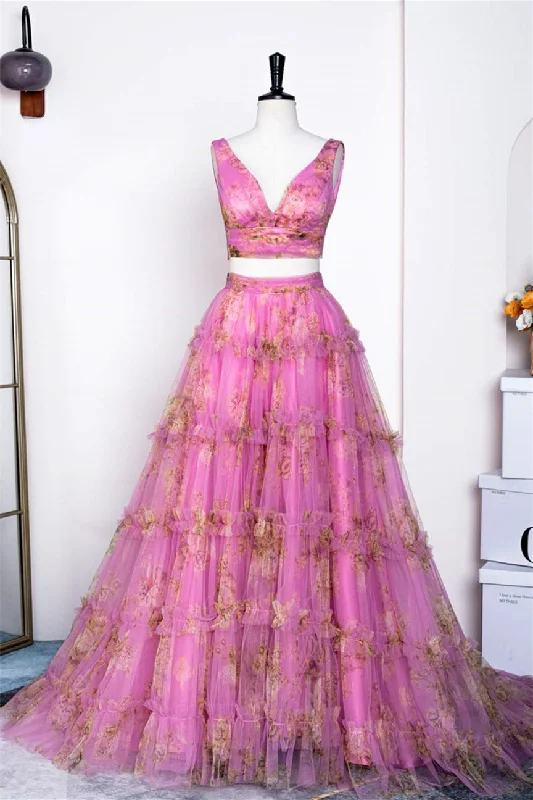 elegant dressPink Floral Two-Piece Ruffled Bow Tie Back A-line Long Prom Dress