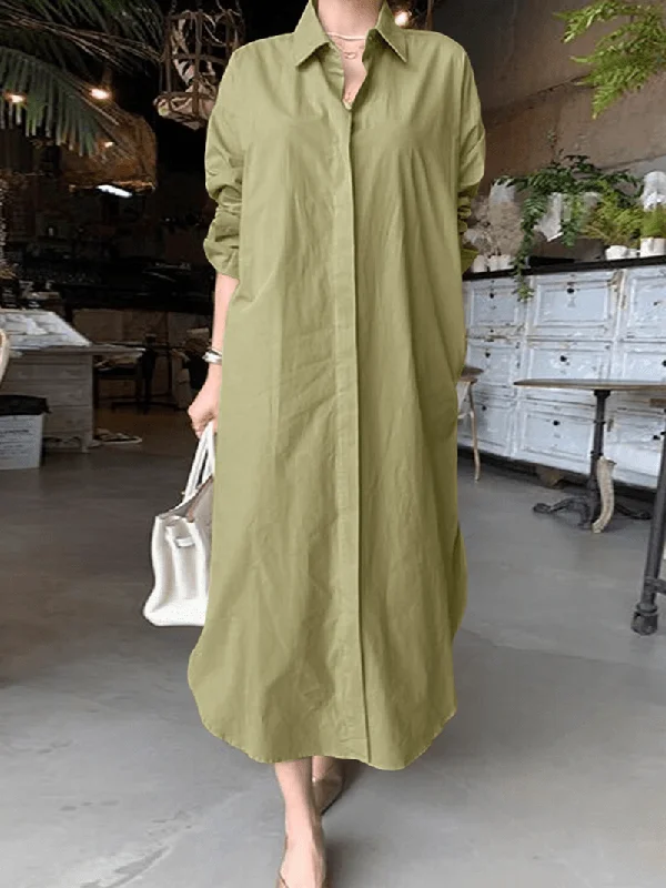 casual slip dressWomen Brief Style Solid Color Turn-Down Collar Long Sleeve Casual Shirt Dress