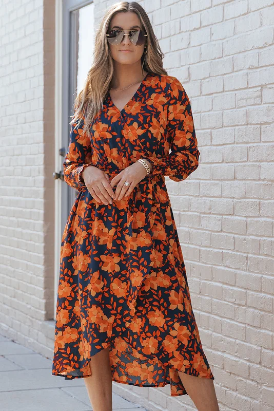 Seasonal Sale Orange Floral Print Faux Wrap Belted Dress