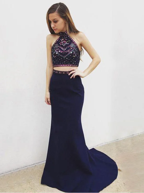 Holiday Sale Two Piece Prom Dresses Halter Shealth Rhinestone Long Satin Sexy Prom Dress JKL771 Holiday Sale Two Piece Prom Dresses Halter Shealth Rhinestone Long Satin Sexy Prom Dress JKL771