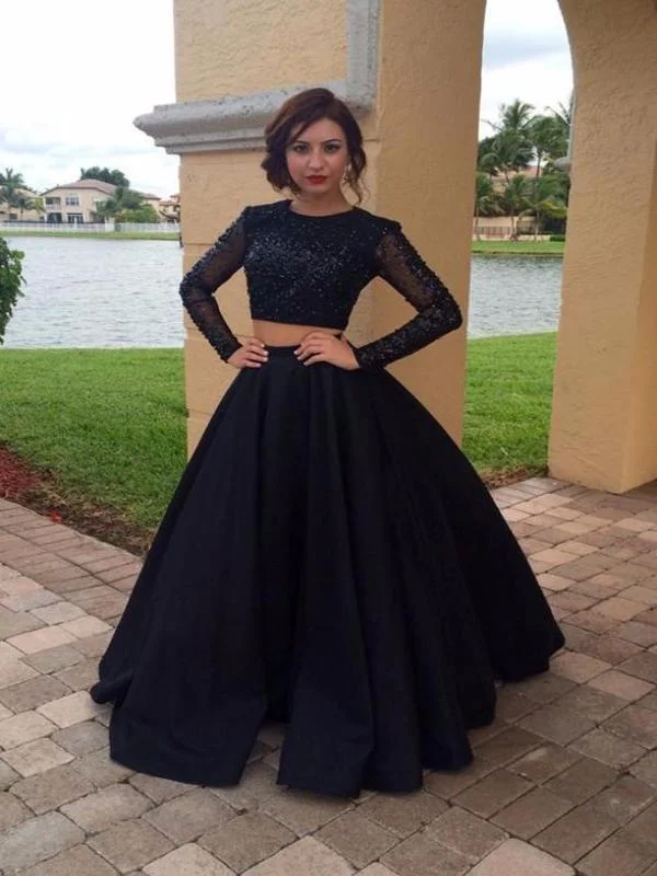Unmissable Offer Long Sleeves Black Sequin 2 Pieces Prom Gowns Quinceanera Dress JW123
