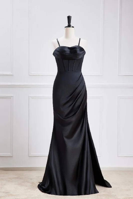 formal dressBlack Lace-Up Mermaid Satin Long Bridesmaid Dress with Slit