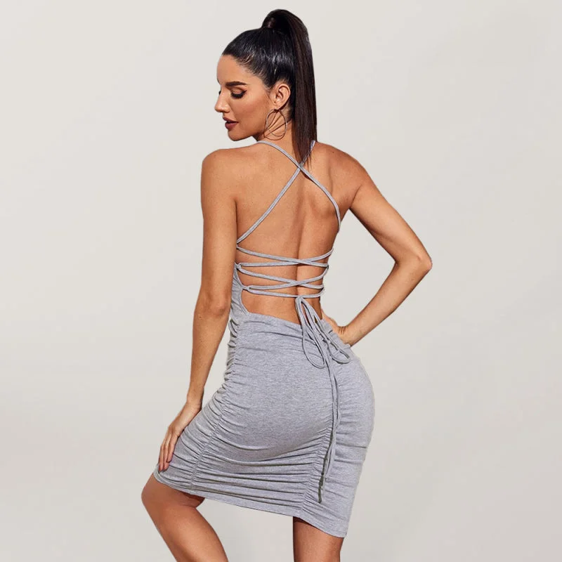 romantic dressSexy backless strappy dress shirring slim fit solid color wrap hip skirt