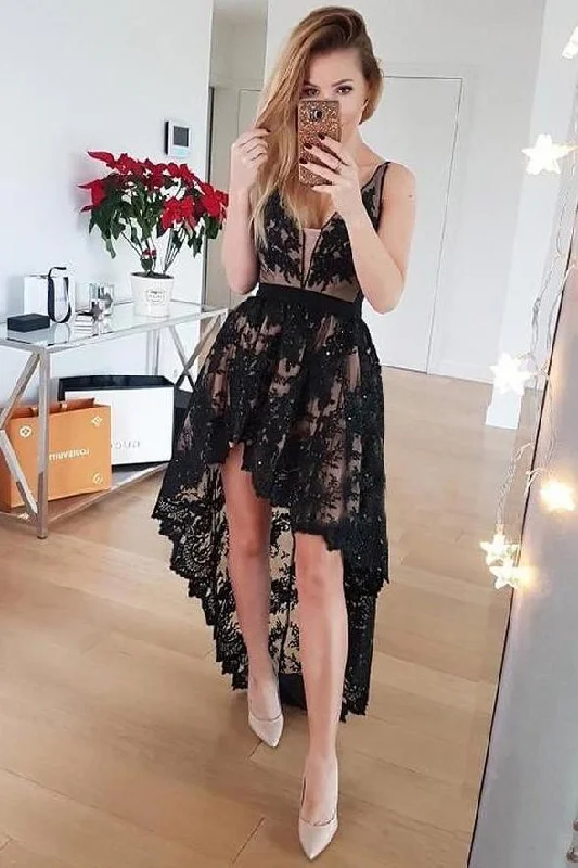 Price Cut Front Short Long Back Black Lace V Neck Homecoming Dresses Prom Graduation Dress NA1442 Price Cut Front Short Long Back Black Lace V Neck Homecoming Dresses Prom Graduation Dress NA1442
