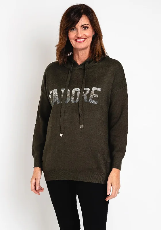 performance hoodieperformance hoodieNatalia Collection One Size Embellished Text Knitted Hoodie, Khaki