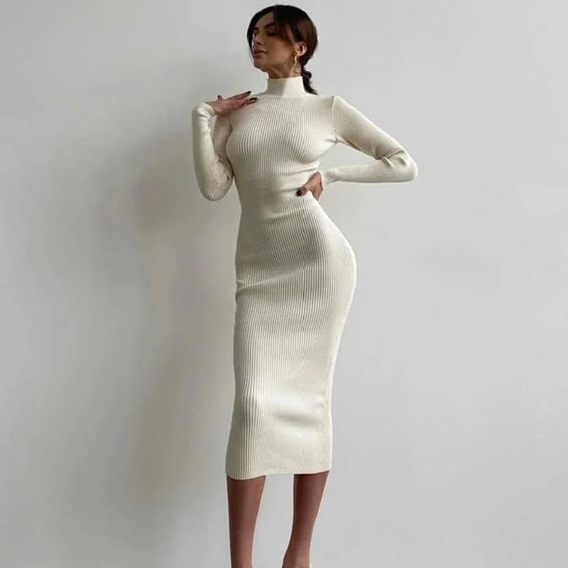 sophisticated dressEmma Long Sleeve High Neck Knitted Midi Dress