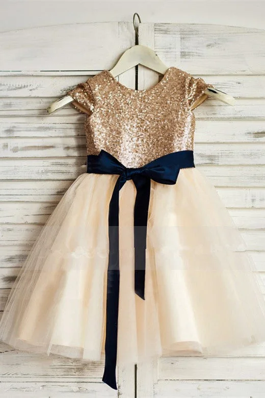 lace dressSparkly Gold Sequins Flower Girl Dress with Navy Blue Sash