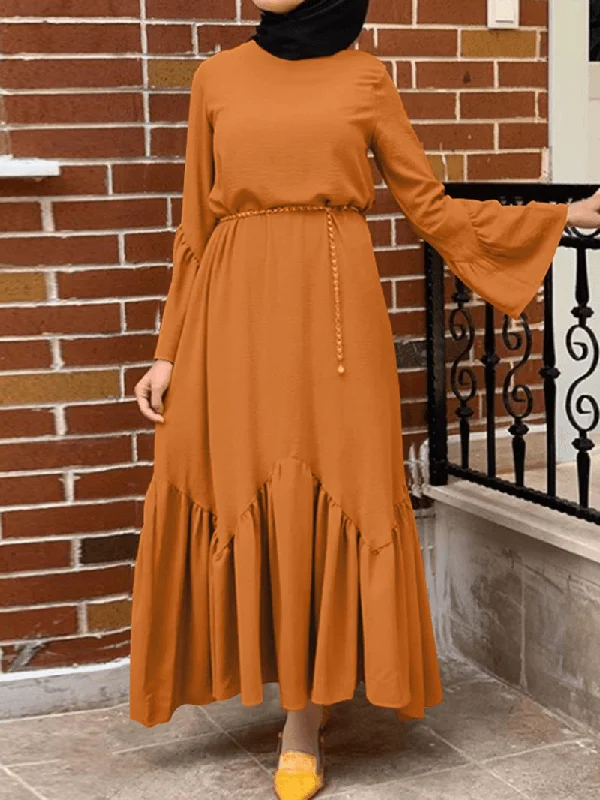 vintage-inspired dressWomen Solid Color Ruffle Long Sleeve Simple Kaftan Maxi Dresses