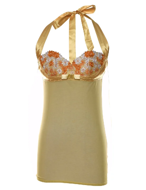 Price Drop Alert Gold & Orange Halterneck Embroidered Babydoll - XS