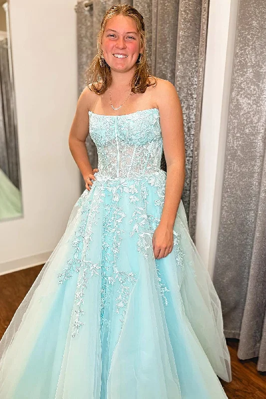 wrap-around dressLight Blue Strapless Floral A-line Long Prom Dress