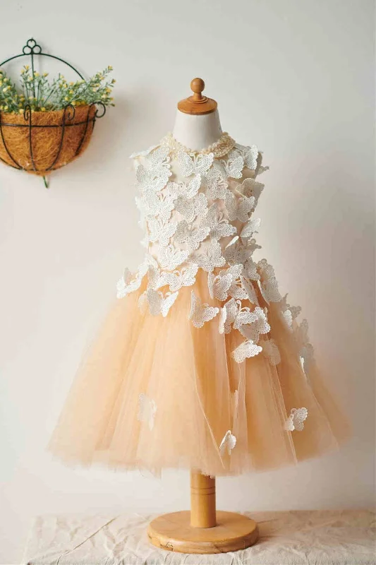 chic wrap dressCrew Neck Champagne Flower Girl Dress with Butterfly