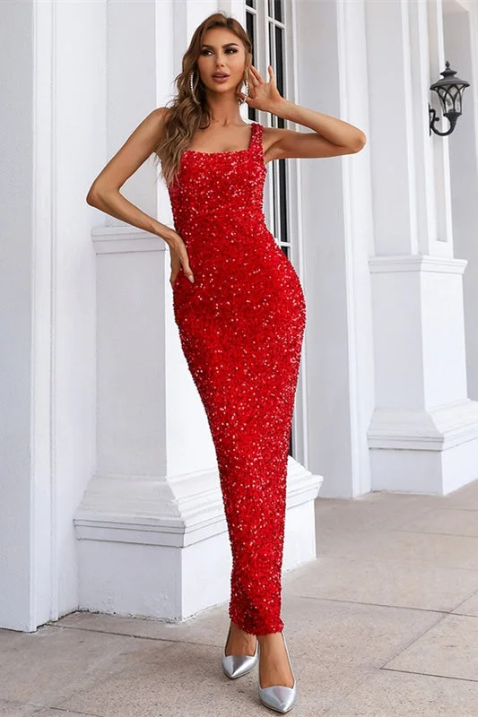 fitted cocktail dressClassic Tea Length Red Sequins Tight Dress