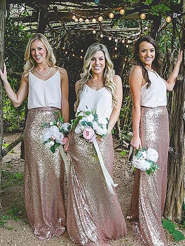 trendy wrap dressTwo Piece Rose Gold Sequins Mermaid Long Bridesmaid Dress