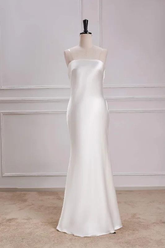 elegant maxi dressWhite Strapless Mermaid Satin Long Bridesmaid Dress