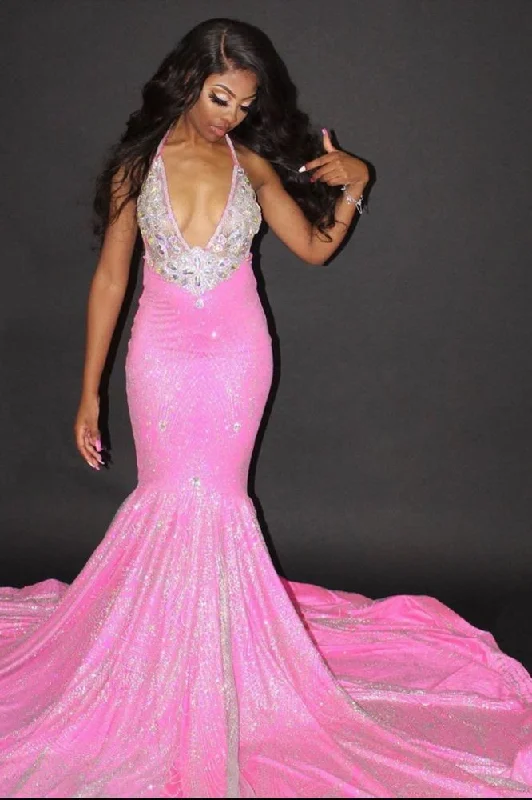 Extra Savings Chic Halter Mermaid Evening Gowns Backless Prom Party Gowns