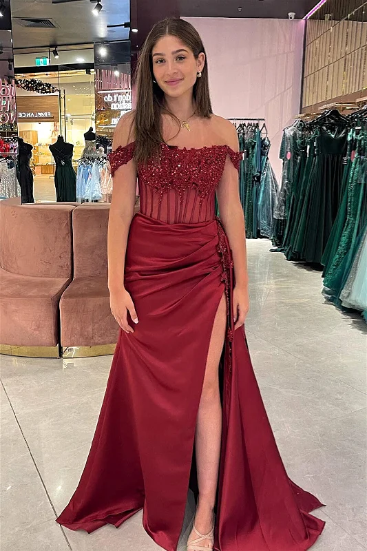 boho-chic dressRed Off-Shoulder Mermaid Floral Rhinestones Long Prom Dress with Slit