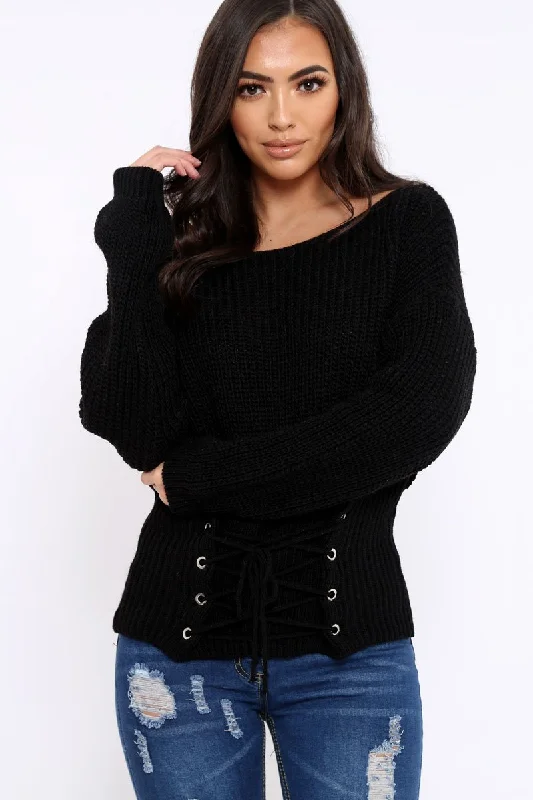 Weekend Deal minimalistic pullover hoodieBlack Corset Waist Knitted Jumper - Elizabeth Weekend Deal minimalistic pullover hoodieBlack Corset Waist Knitted Jumper - Elizabeth