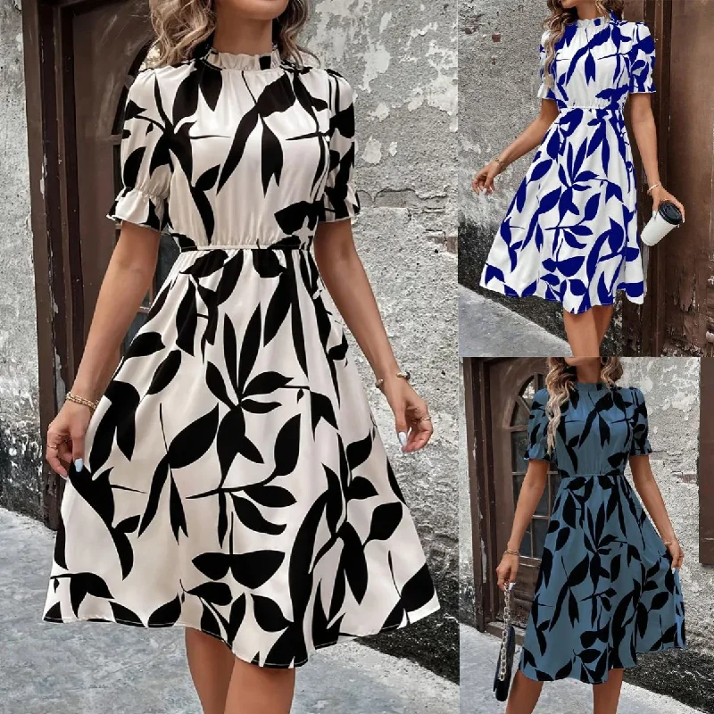 casual day dressShort Sleeve Round Neck Ruffled Printed Girdle Dress