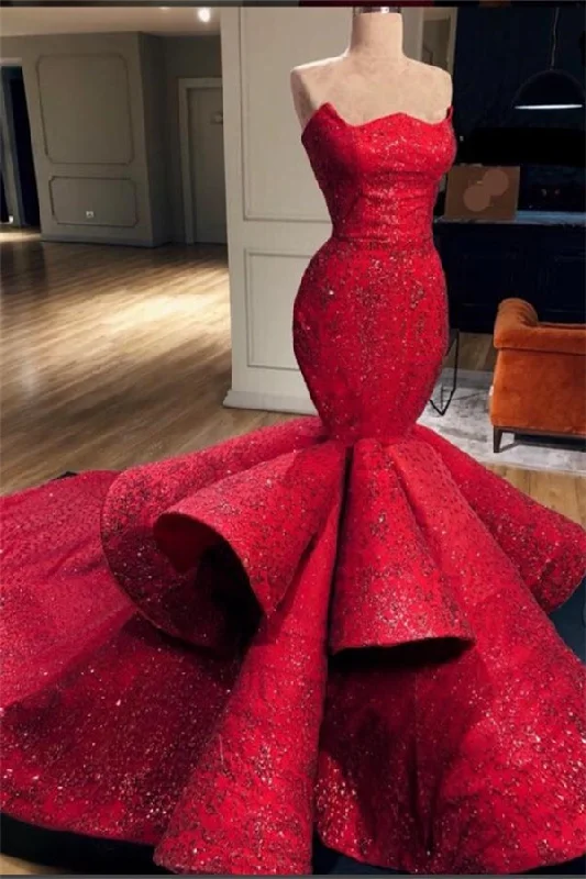 Markdowns Gorgeous Mermaid Strapless Beadings Prom Party Gowns with Court Train