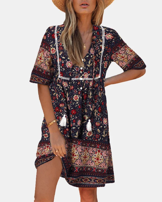 fitted dressBohemian Floral Print V-Neck Short Sleeve Mini Dress