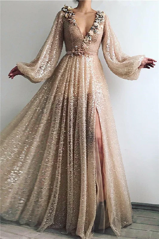 Super Sale Sparkle Sequins Long Sleevess Prom Party Gowns| Chic V-neck Front Slit Long Prom Party Gowns Super Sale Sparkle Sequins Long Sleevess Prom Party Gowns| Chic V-neck Front Slit Long Prom Party Gowns